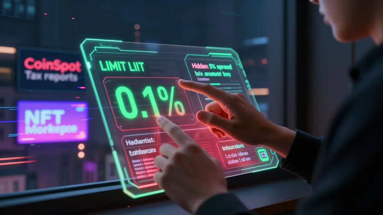 Close-up of hands placing a crypto limit order with fee indicators on a glowing interface