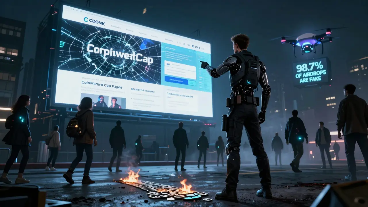 Cyber detective points at shattered CDONK preview page as victims drift away with drained wallets.