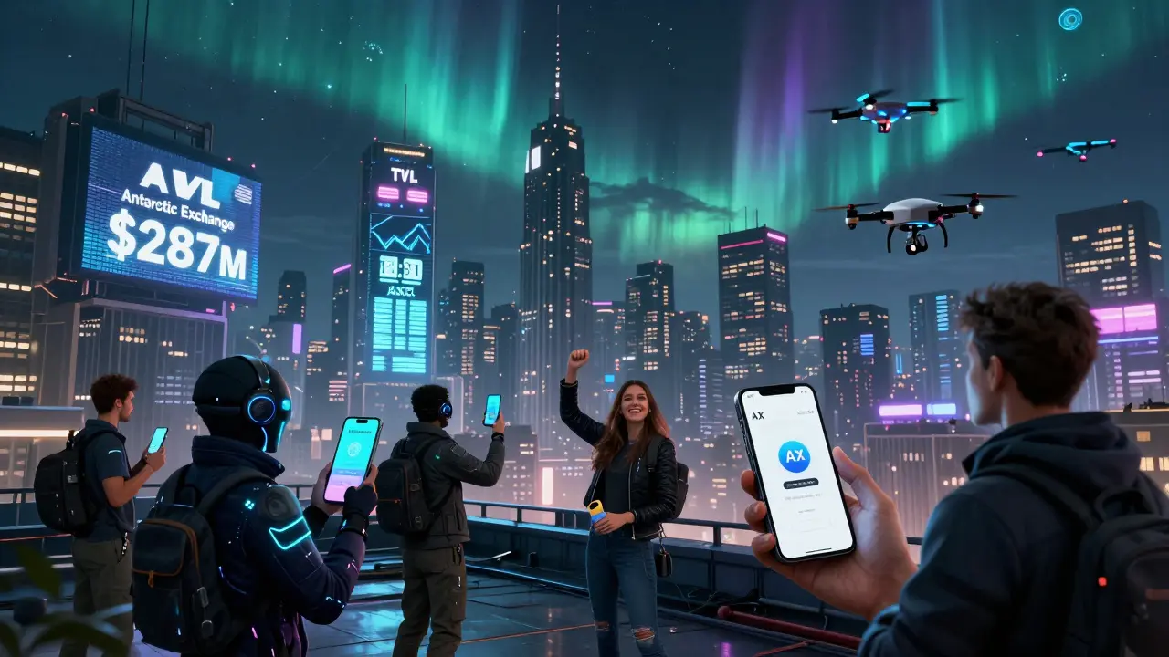 Cybercity skyline with Antarctic Exchange TVL billboards and traders receiving AX token launch alerts.