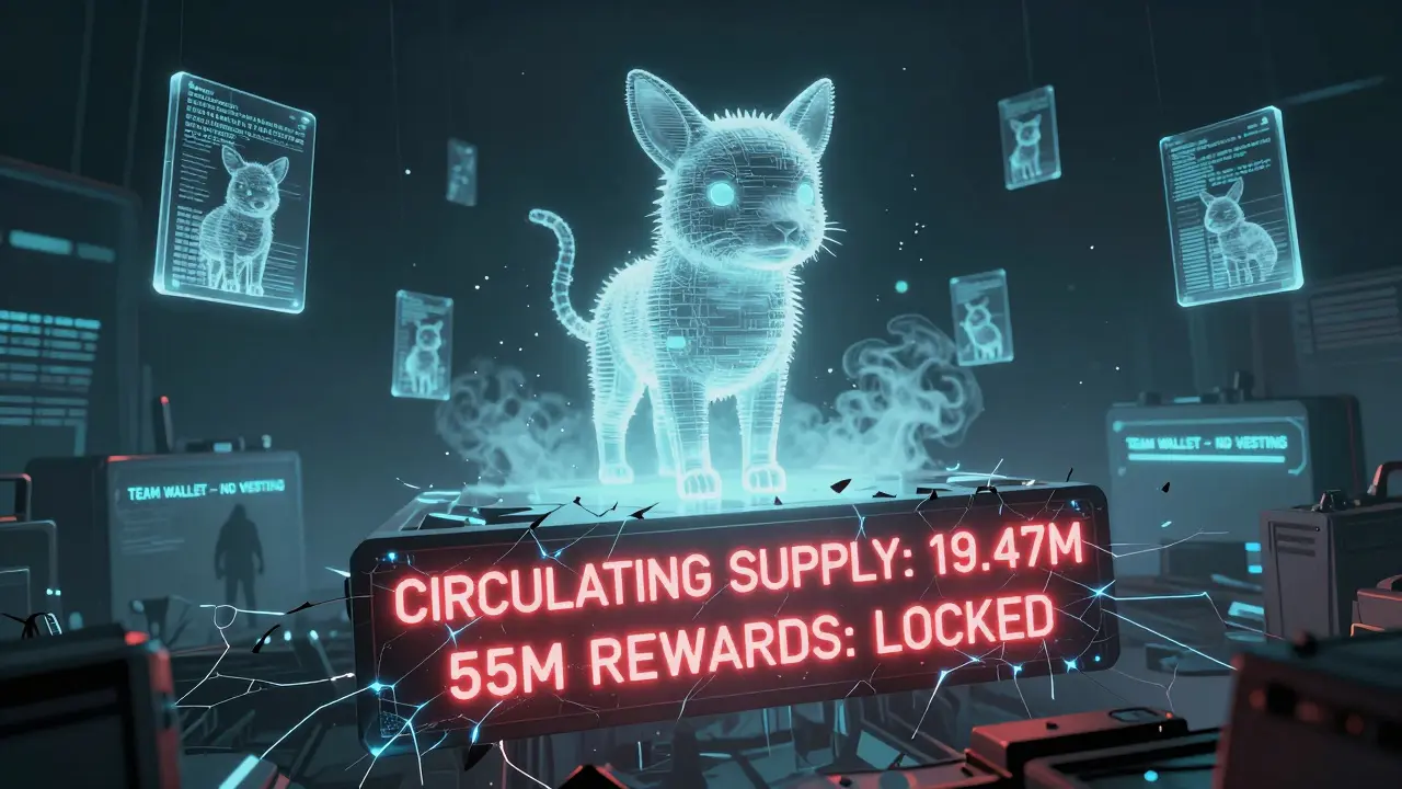 Fading Adanimal NFTs drift in a void above a cracked blockchain ledger showing '55M REWARDS: LOCKED' with a ghostly team wallet glowing in red.