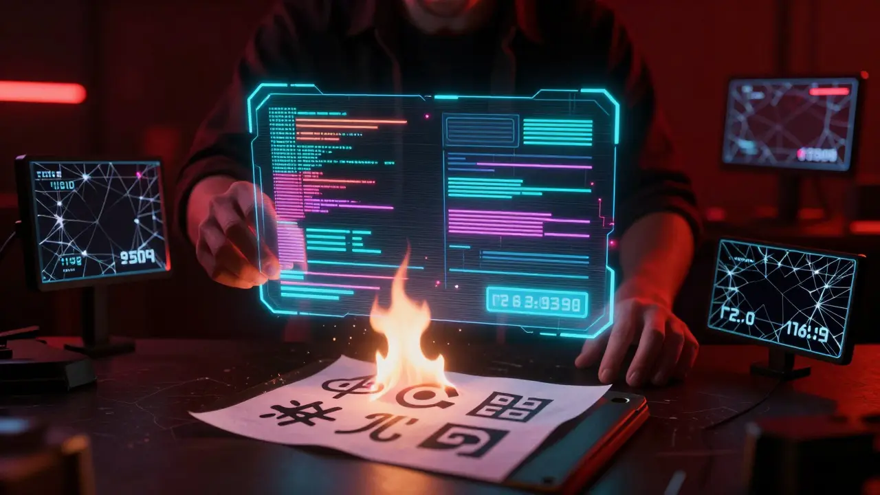 Flickering wallet error with burning backup paper in dark room.
