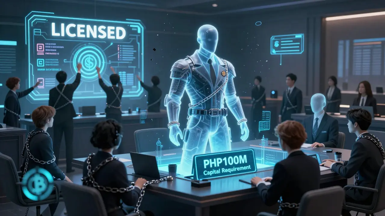 Ghostly crypto executives bound by digital chains as a SEC regulator stands over a capital requirement ledger.