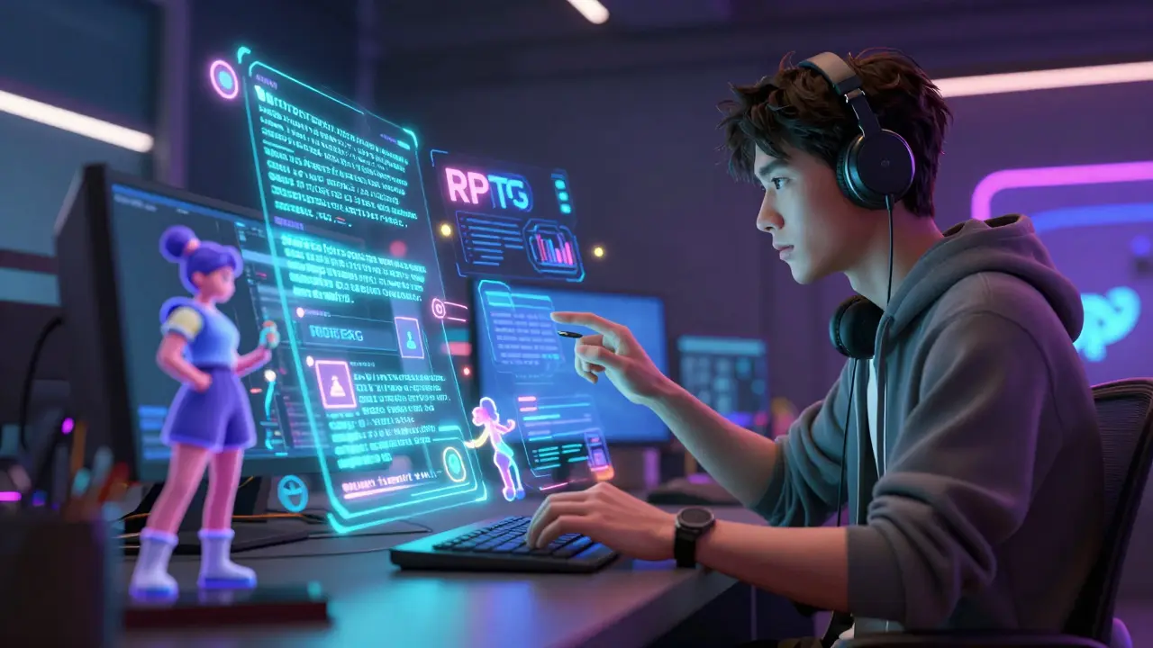 Graphic designer creating mobile RPG using natural language prompts with holographic game elements