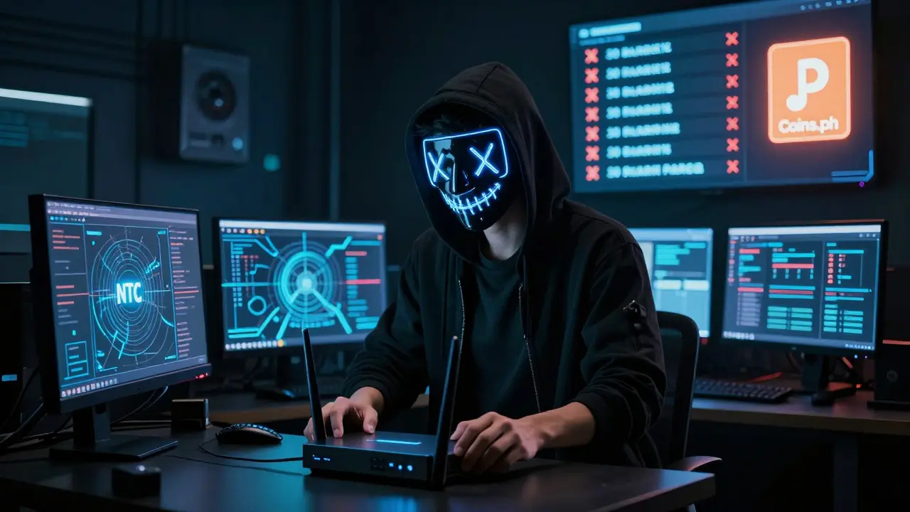 Hacker in a glowing mask bypassing internet blocks using a custom router amid flickering blocked exchange lists.