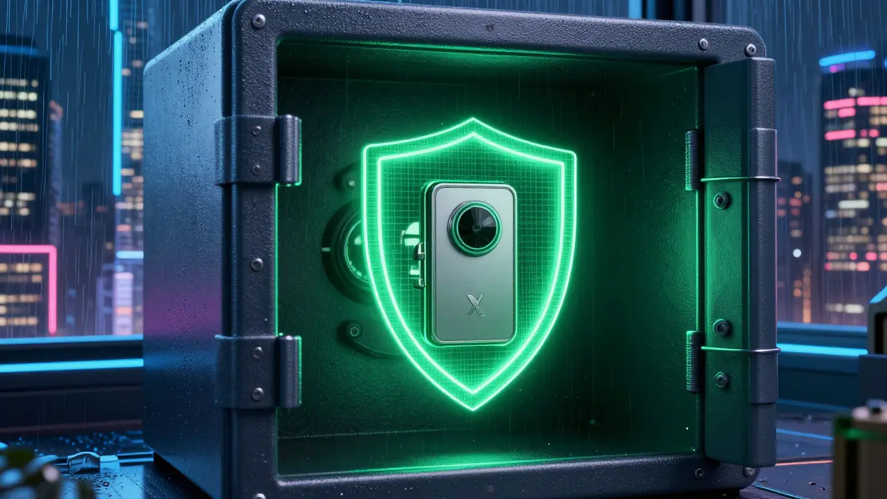 Ledger device in fireproof safe with green hologram shield.