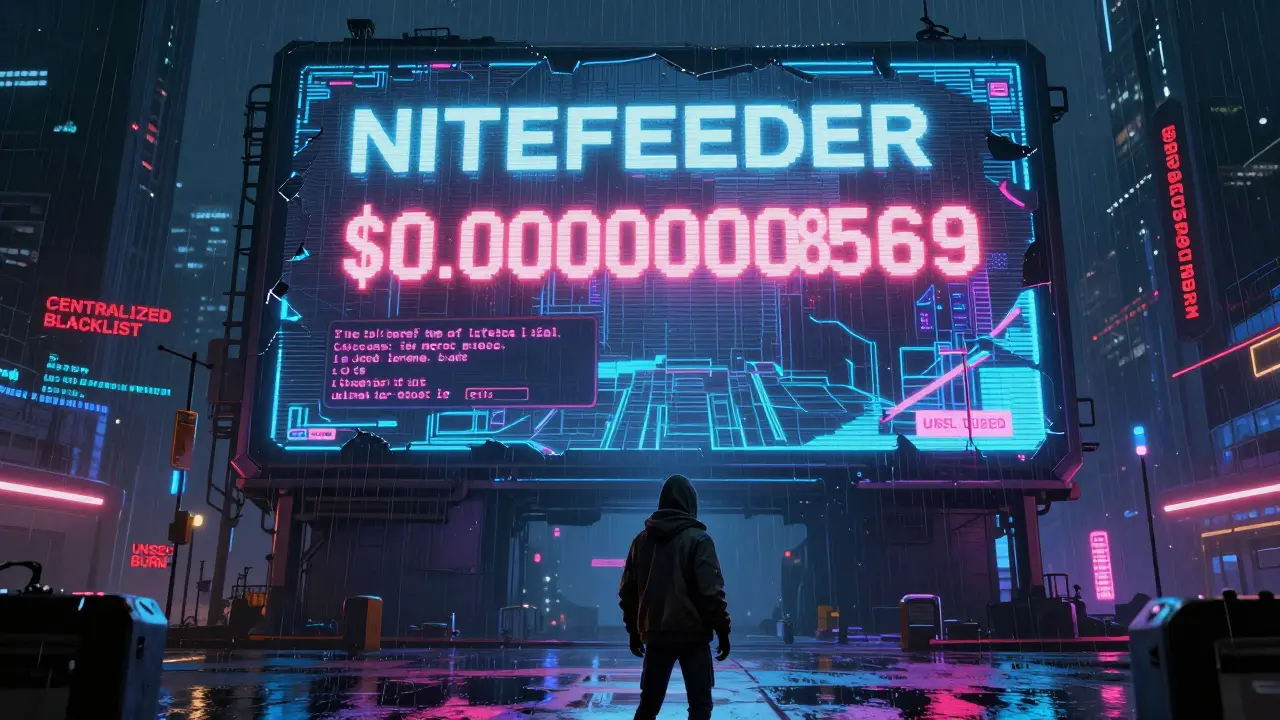 Lone figure before a flickering NITEFEEDER price billboard in a rain-drenched cyberpunk city