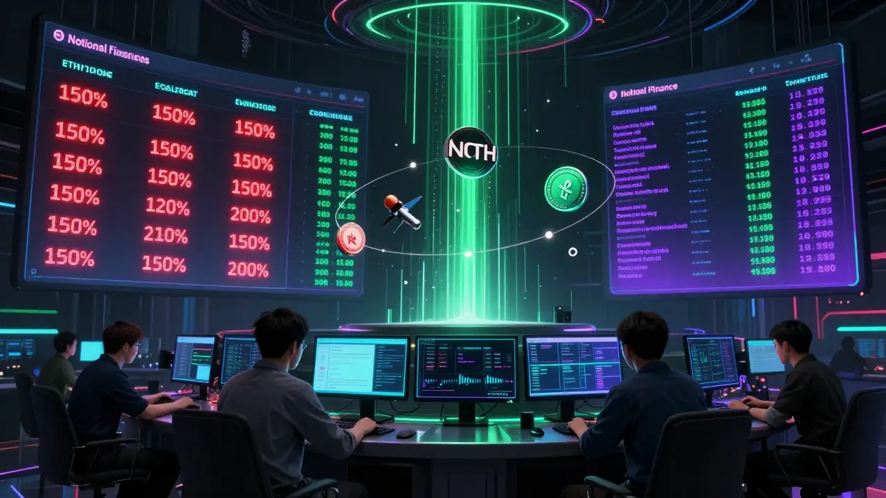 Operators monitor glowing fCash exchanges and NOTE token yields on massive DeFi dashboards in a cyberpunk trading floor.