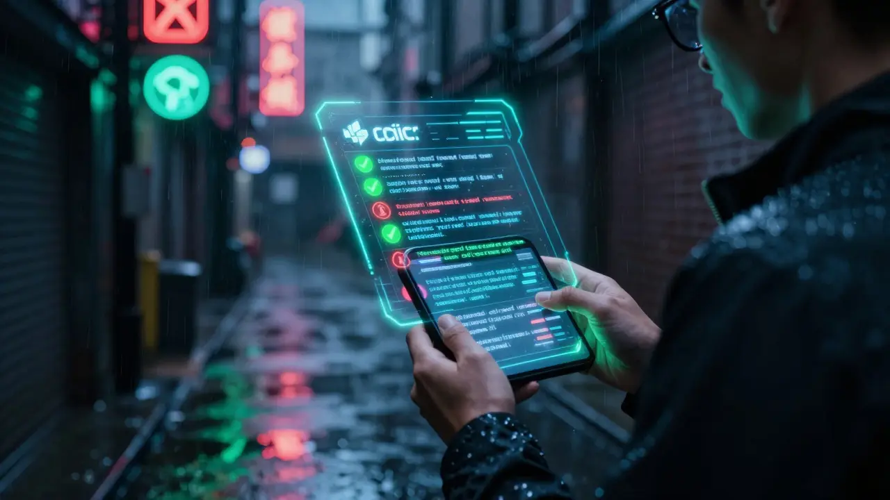 Person verifying tokens with checkmarks and warnings