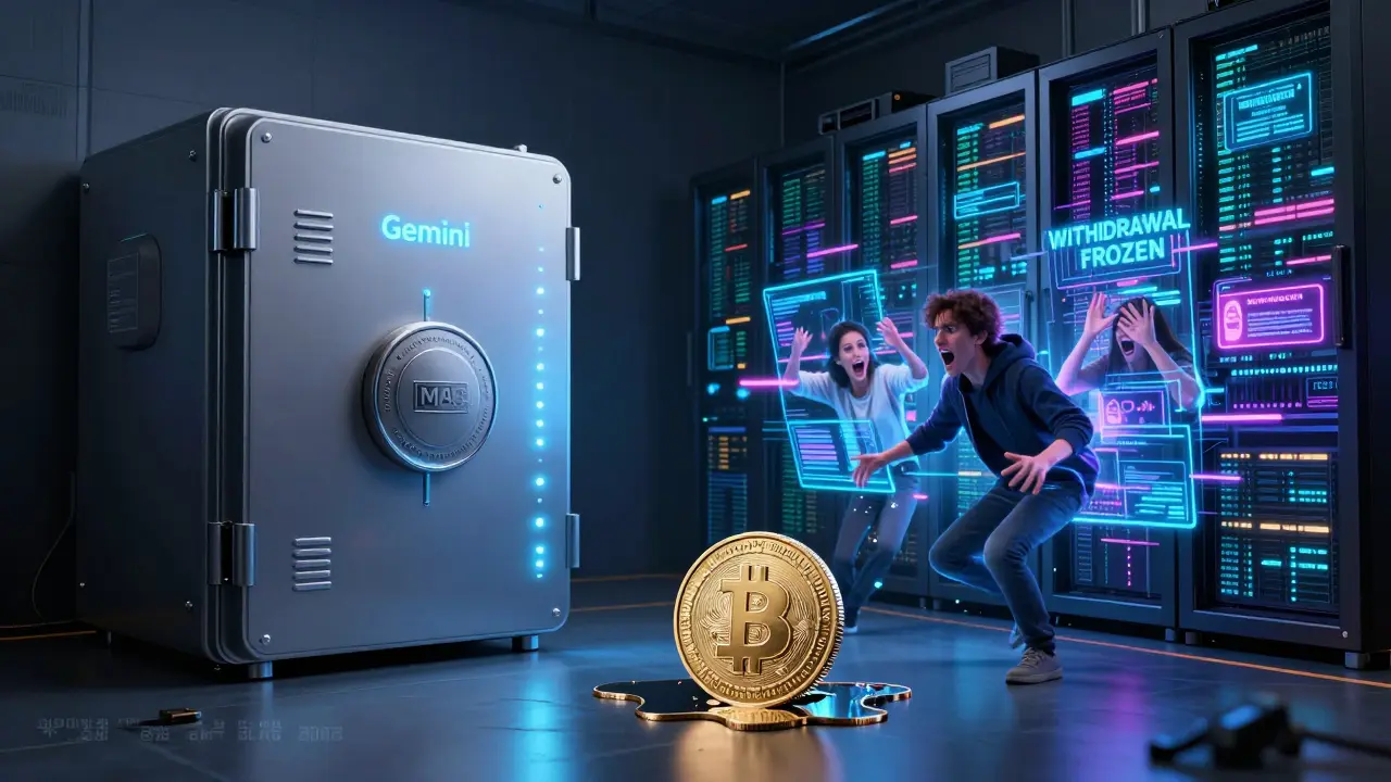 Split scene: calm Gemini vault vs chaotic Binance server farm, with a melted SGD coin between them.
