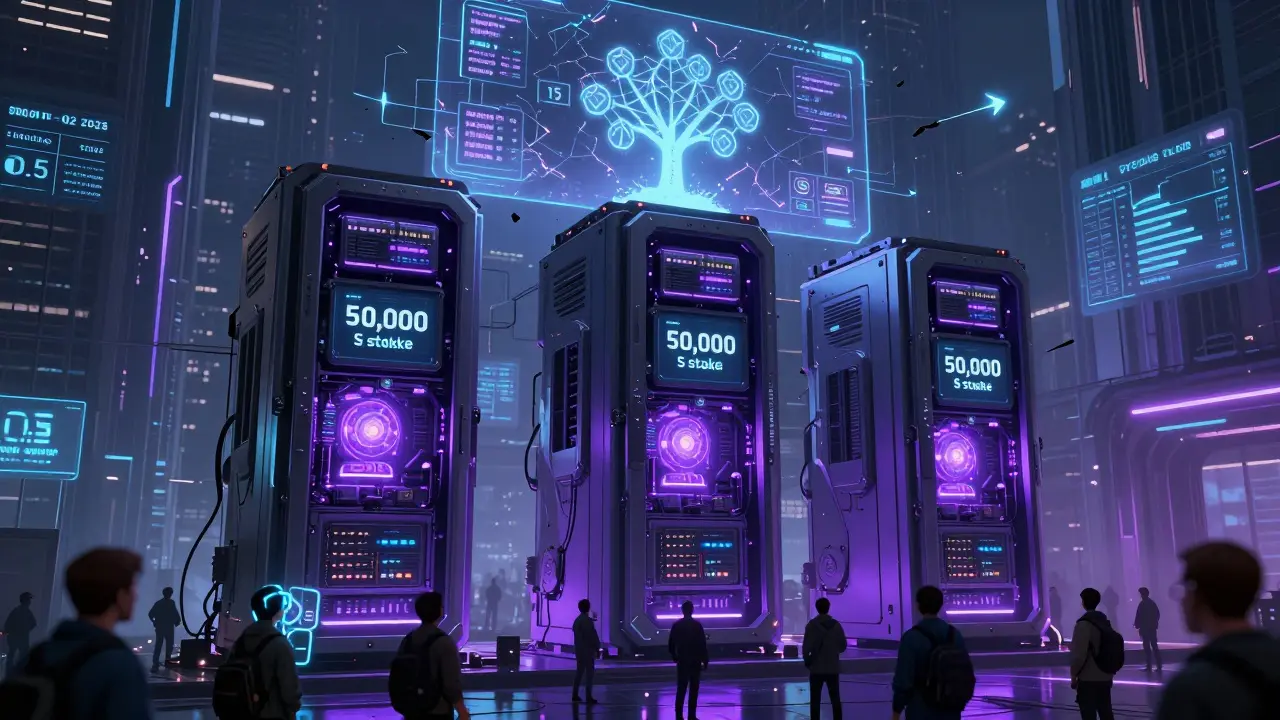 Three high-stake validator nodes in a dystopian data center, with traders watching near-instant trades under flickering holograms.