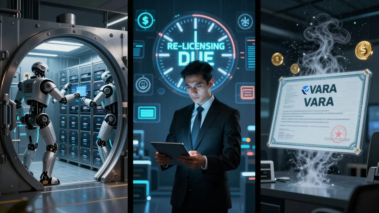 Three-panel scene: secure crypto vault, VARA auditor, and dissolving license under a re-licensing countdown.