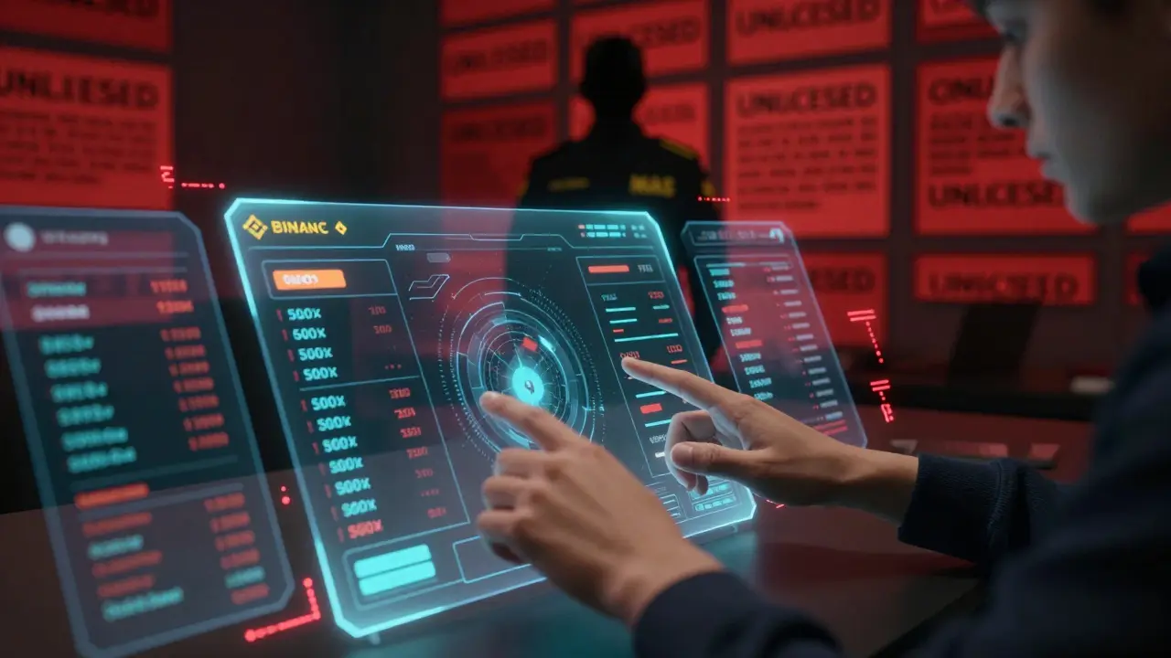 Trader interacting with Binance's chaotic AR interface, surrounded by leverage multipliers and MAS warning glyphs.