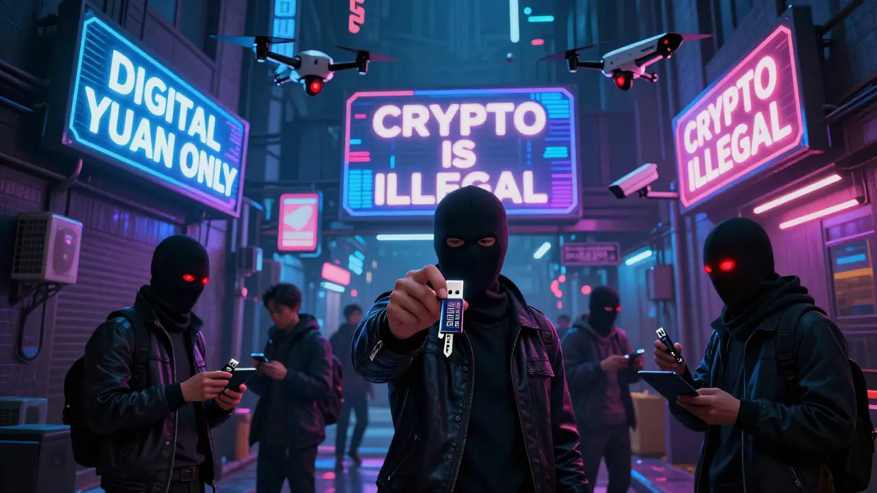 Underground crypto traders exchanging digital wallets in a neon alley under surveillance drones.