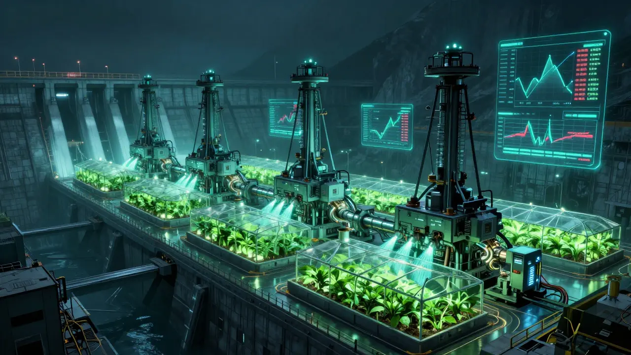 Underground mining rigs under aquamarine lights heat greenhouses, with holograms showing network adjustments.