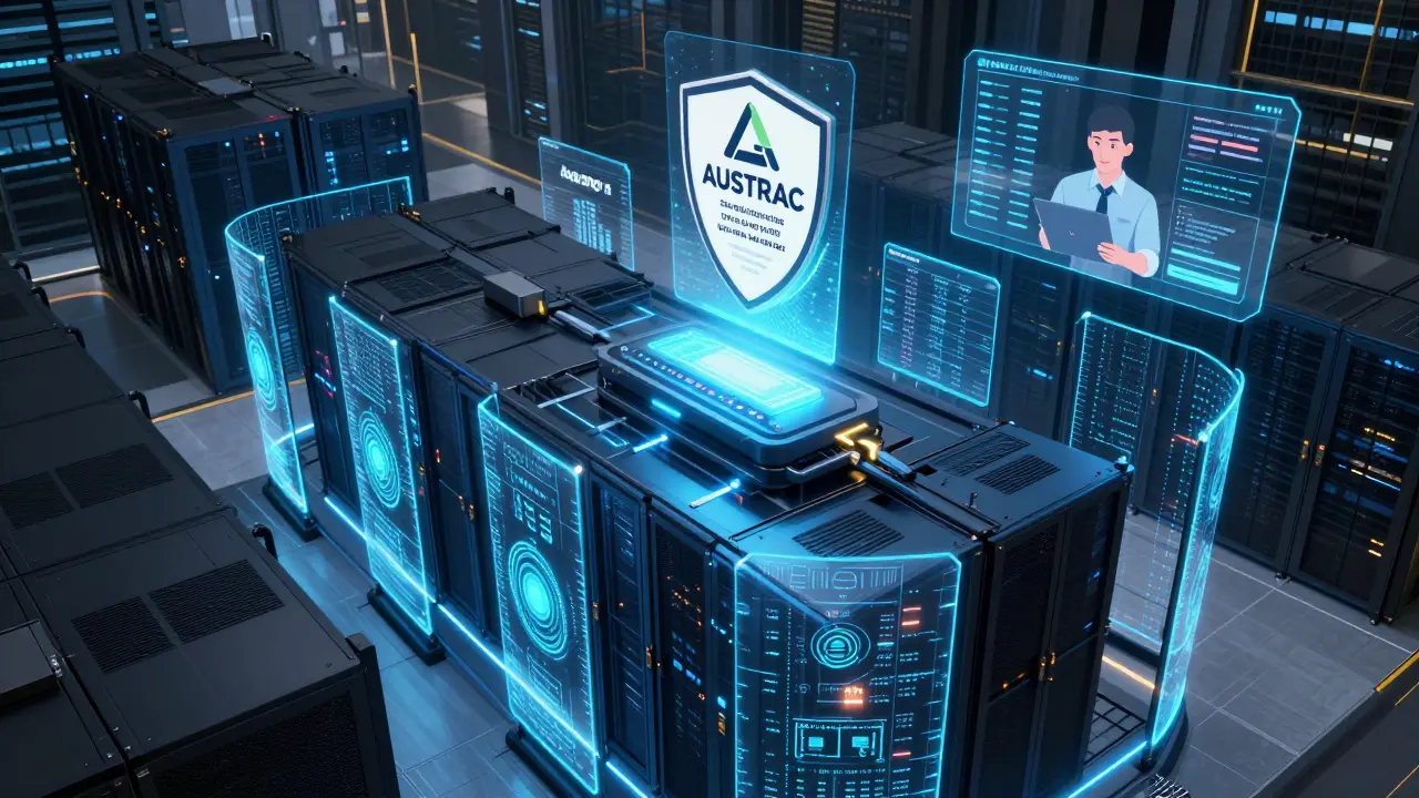 Underground server vault with cold wallets and AUSTRAC certification glowing in cyberpunk style