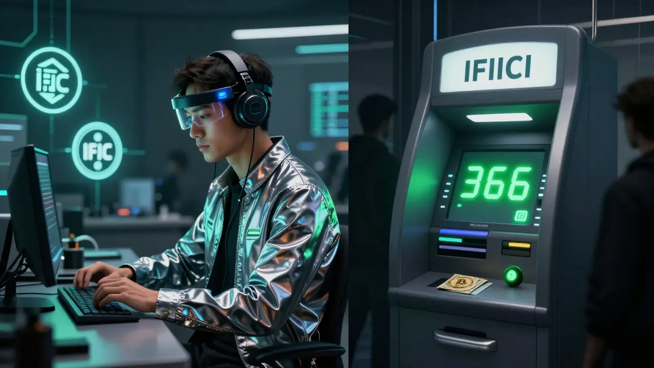 A blockchain engineer in a high-tech lab contrasts with a former NHR holder cashing out Bitcoin safely.