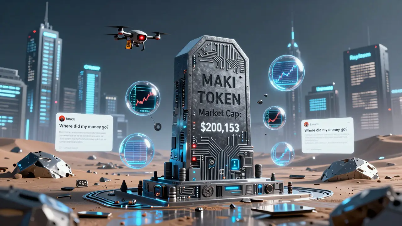 A circuitry tombstone marks the collapse of the MAKI token, while thriving DEXs shine in the distance under a neon sky.