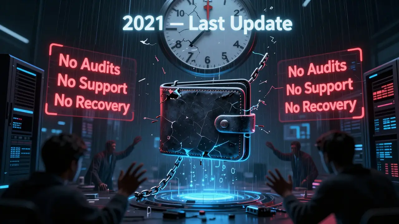 A cracked digital wallet connects to a dying smart contract, with shadowy users reaching out as binary rain falls around them.