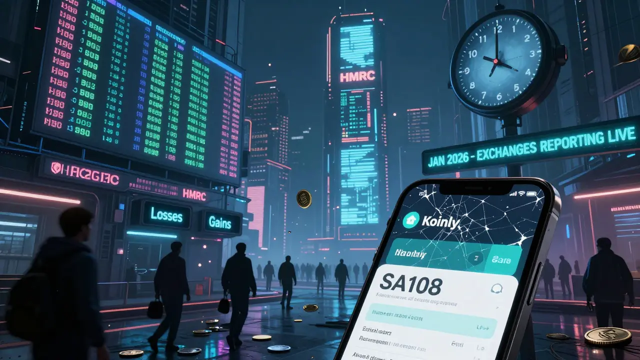 A cyberpunk city with HMRC data streams pulling exchange info, while digital coins fall into gain and loss voids.