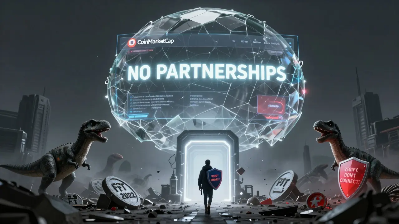 A dystopian graveyard of dead crypto tokens under a hologram that reads 'NO PARTNERSHIPS' as a figure walks away from a phishing portal.
