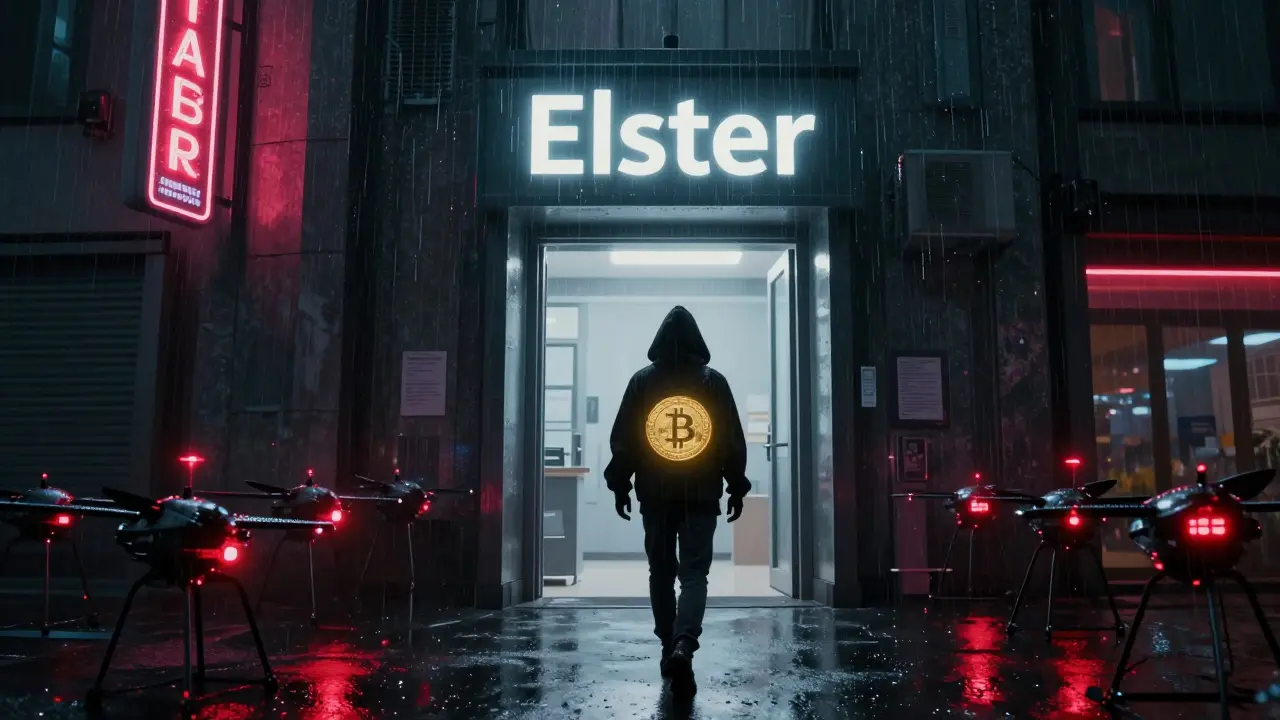 A figure walks away from a futuristic tax portal holding a glowing Bitcoin, while data drones scan wallets behind them.