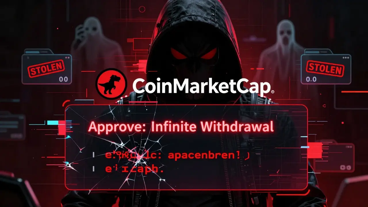 A glitched wallet approval screen showing malicious code, with a corrupted CoinMarketCap logo and ghostly drained wallets in the background.