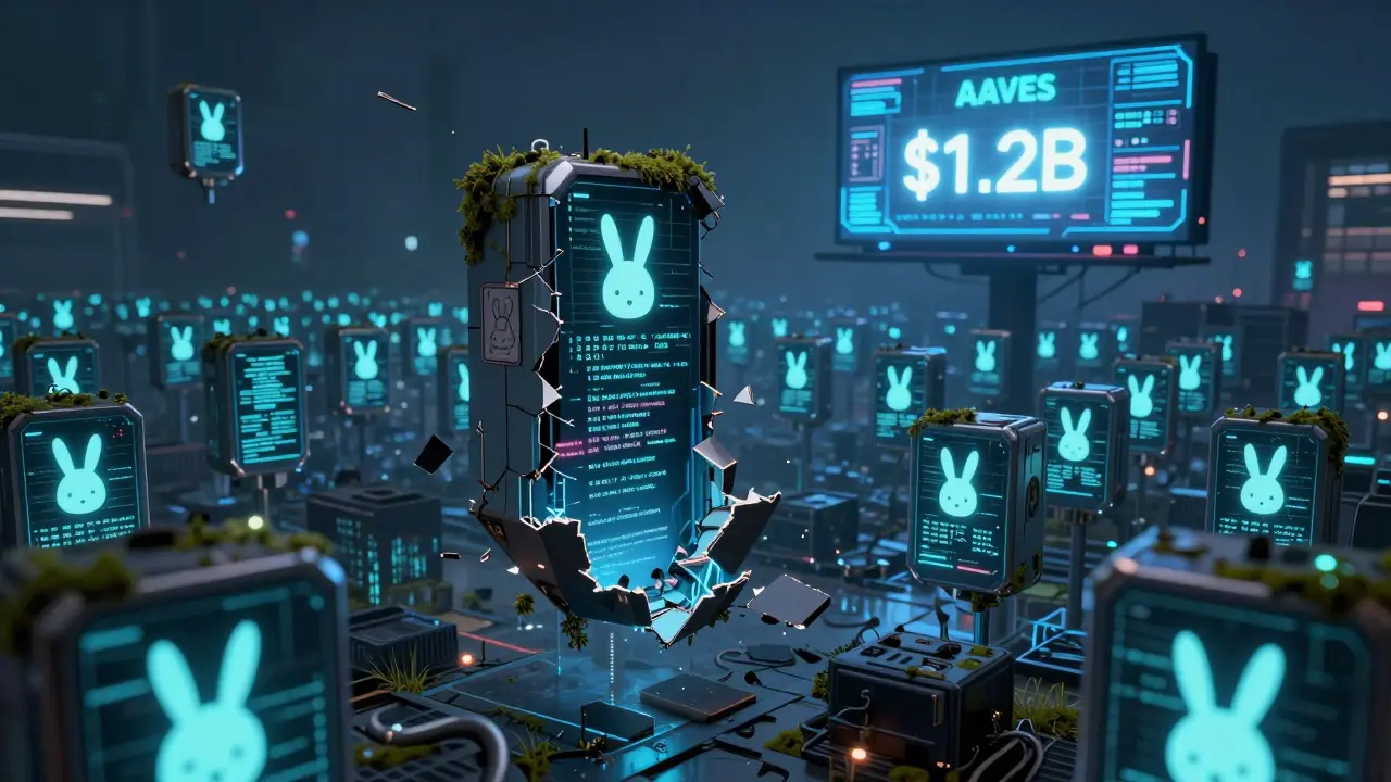 A graveyard of abandoned blockchain nodes, one displaying the dead RABBIT token amid glowing competitors.