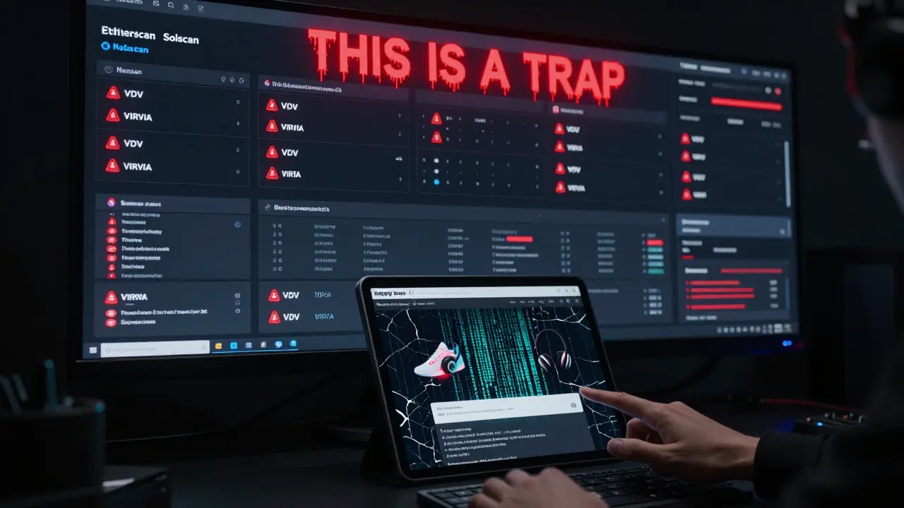 A hacker den with blockchain dashboards showing zero activity for VIRVIA, while a phishing site melts into binary code.