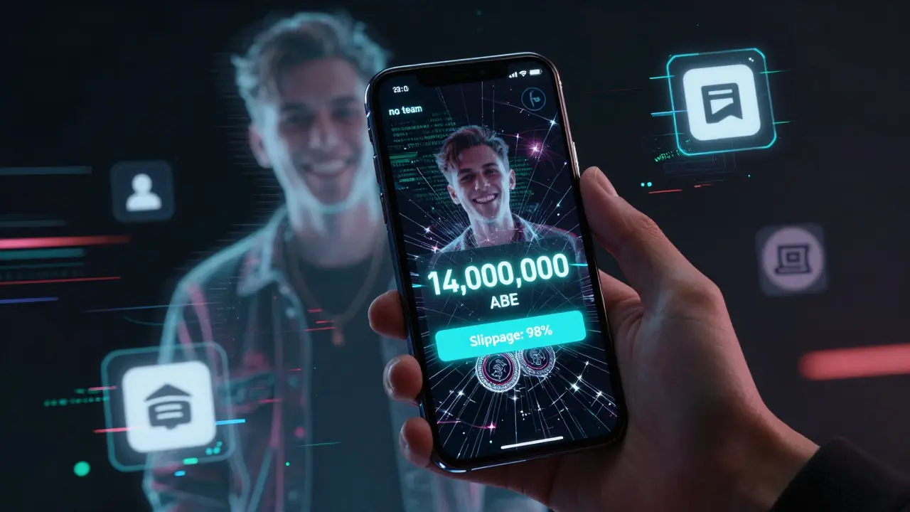 A hand holds a phone showing 14 million ABE tokens with a 98% slippage warning, while digital ghosts fade away.