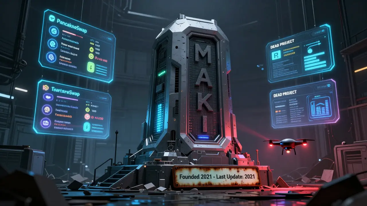 A hollow blockchain monument labeled 'MAKI' stands dark in a ruined data center, while other thriving DEXs glow brightly nearby.