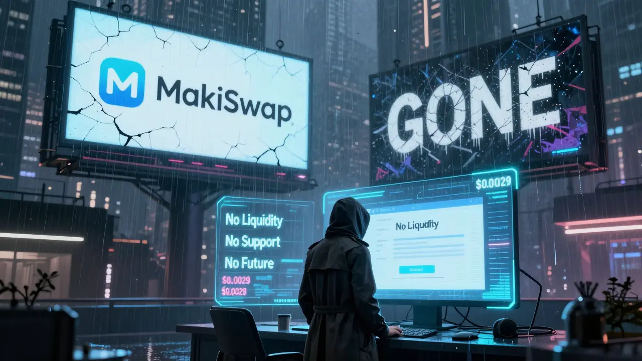 A lone figure in a neon-lit city stares at a terminal displaying a failed unstake transaction on the abandoned MakiSwap platform.