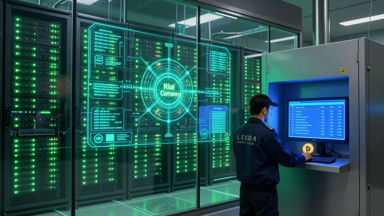 A massive government data center with holographic transaction flows and a miner submitting Bitcoin to an automated vault.
