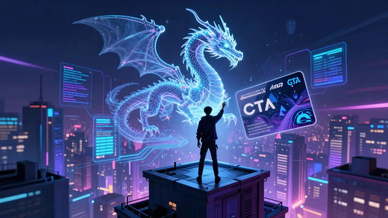 A person on a rooftop projecting a giant dragon into the sky, with blockchain and energy grids glowing below in cyberpunk city lights.