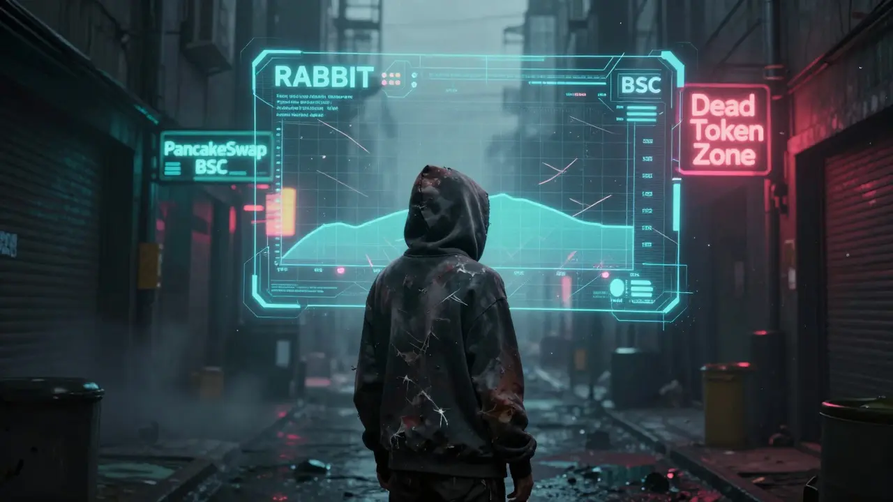 A person staring at a dead RABBIT price chart in a neon alley, surrounded by glitching blockchain signs.