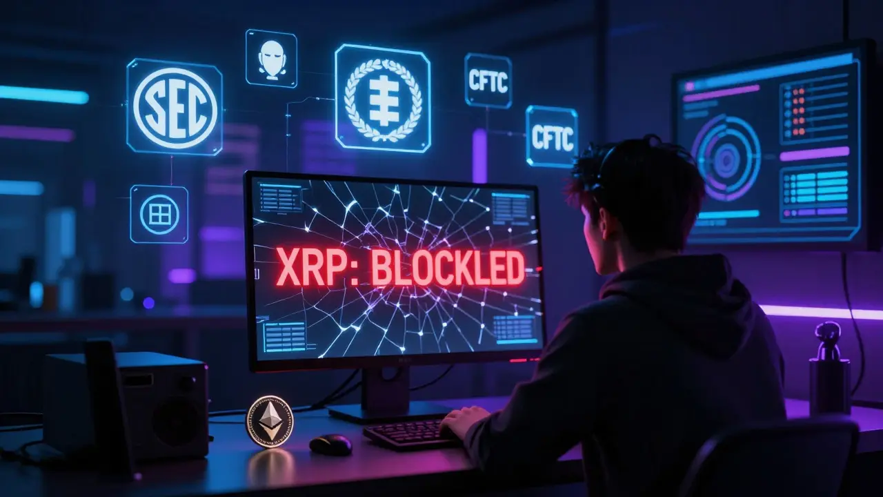 A user in New York faces a blocked XRP trade, surrounded by floating regulatory icons in a neon-lit cyberpunk room.