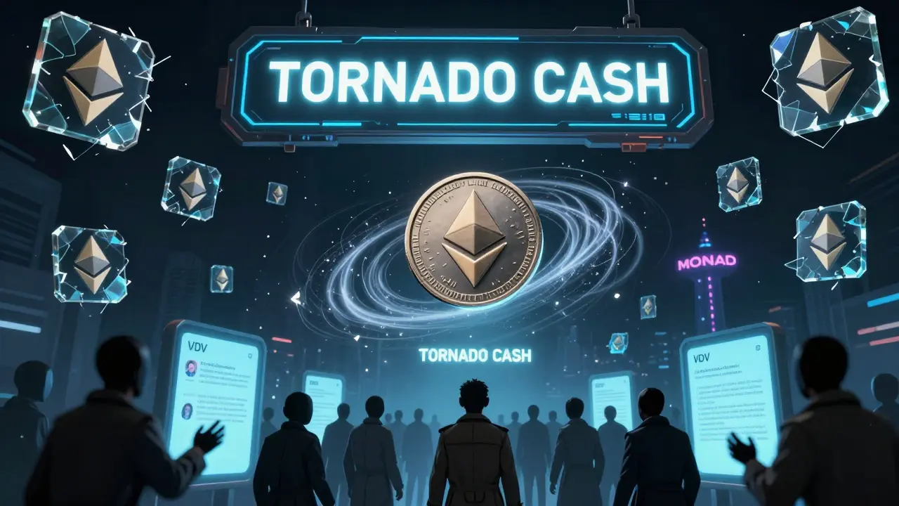 A warning sign above shattered crypto tokens, with stolen funds vanishing into Tornado Cash as fake airdrops lure victims.