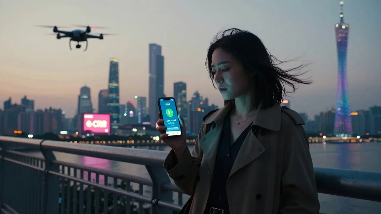 A woman on a bridge transferring crypto to Hong Kong as surveillance drones hover above the city.