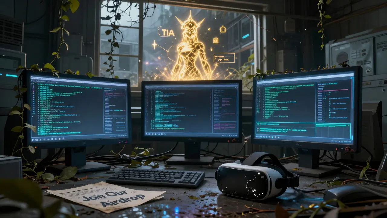 Abandoned crypto hub with dead screens and a fading 'Join Our Airdrop' flyer beside a VR headset.