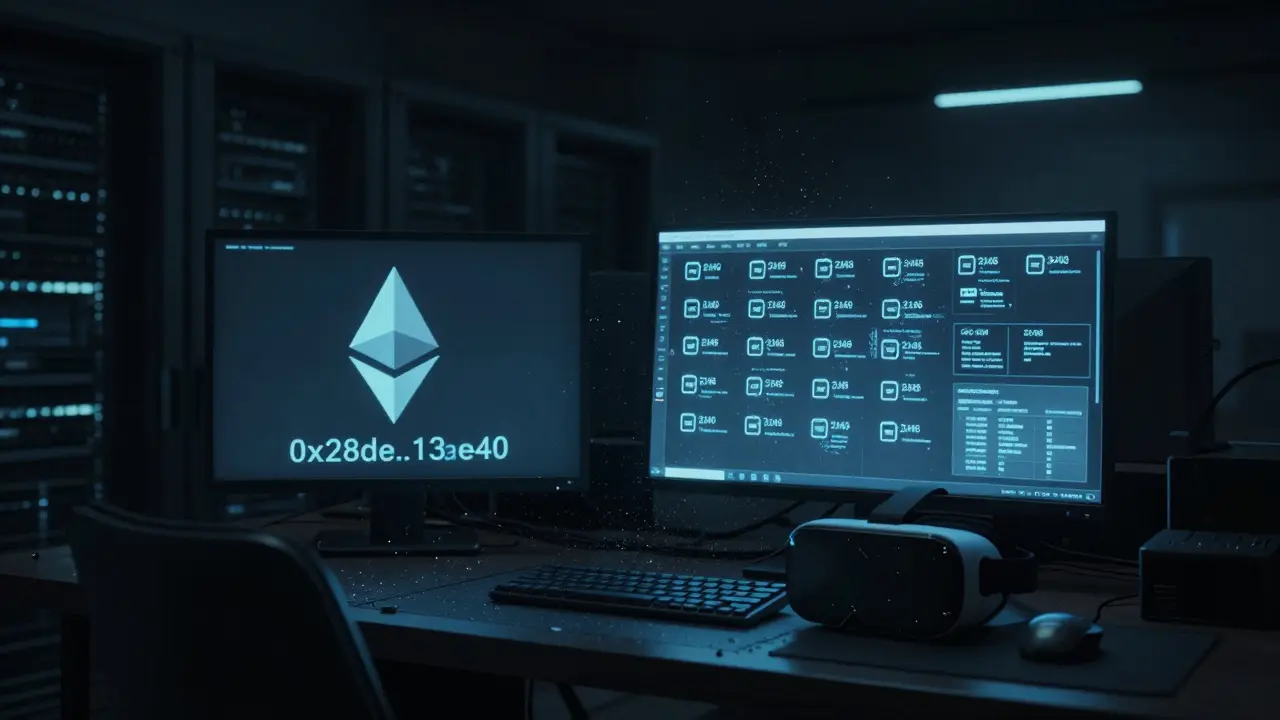 Abandoned server room with ghostly wallet icons on a corrupted screen and a frozen 2019 roadmap on a cracked VR headset.