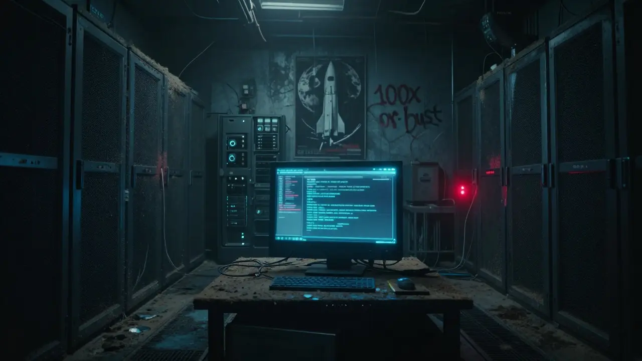 An abandoned server room with dead mining rigs and a glowing terminal displaying ABE's unverified smart contract.