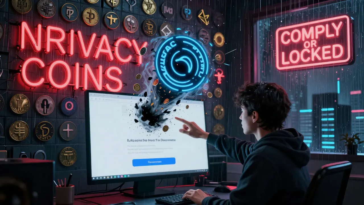 An Australian user's Monero deposit vanishes into a black hole as AUSTRAC emblem consumes it under neon warning signs.