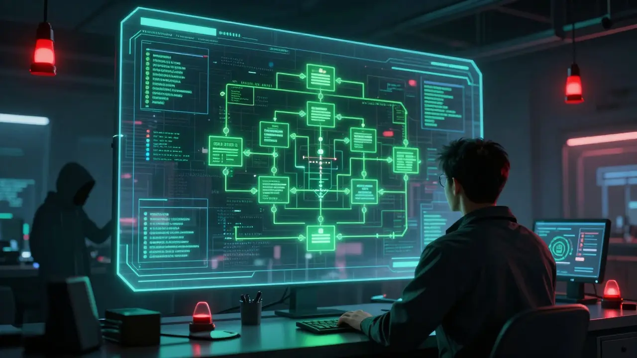 An engineer viewing an AI decision pathway with hacker threats and compliance badges in a high-tech lab.