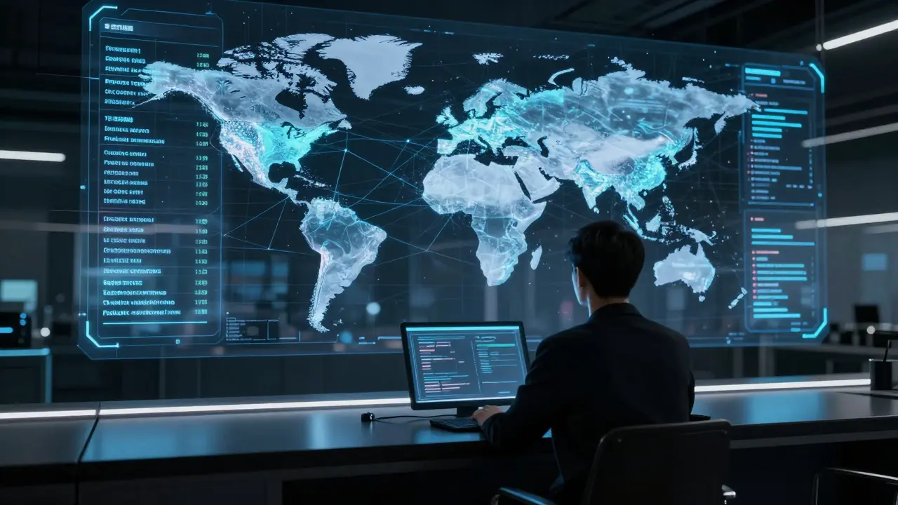 Analyst viewing transparent data ledgers on holographic displays in a high-tech control room.