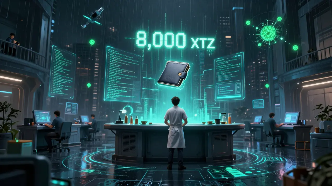 Baker in a high-tech room surrounded by Michelson code streams and delegators via neural interfaces.