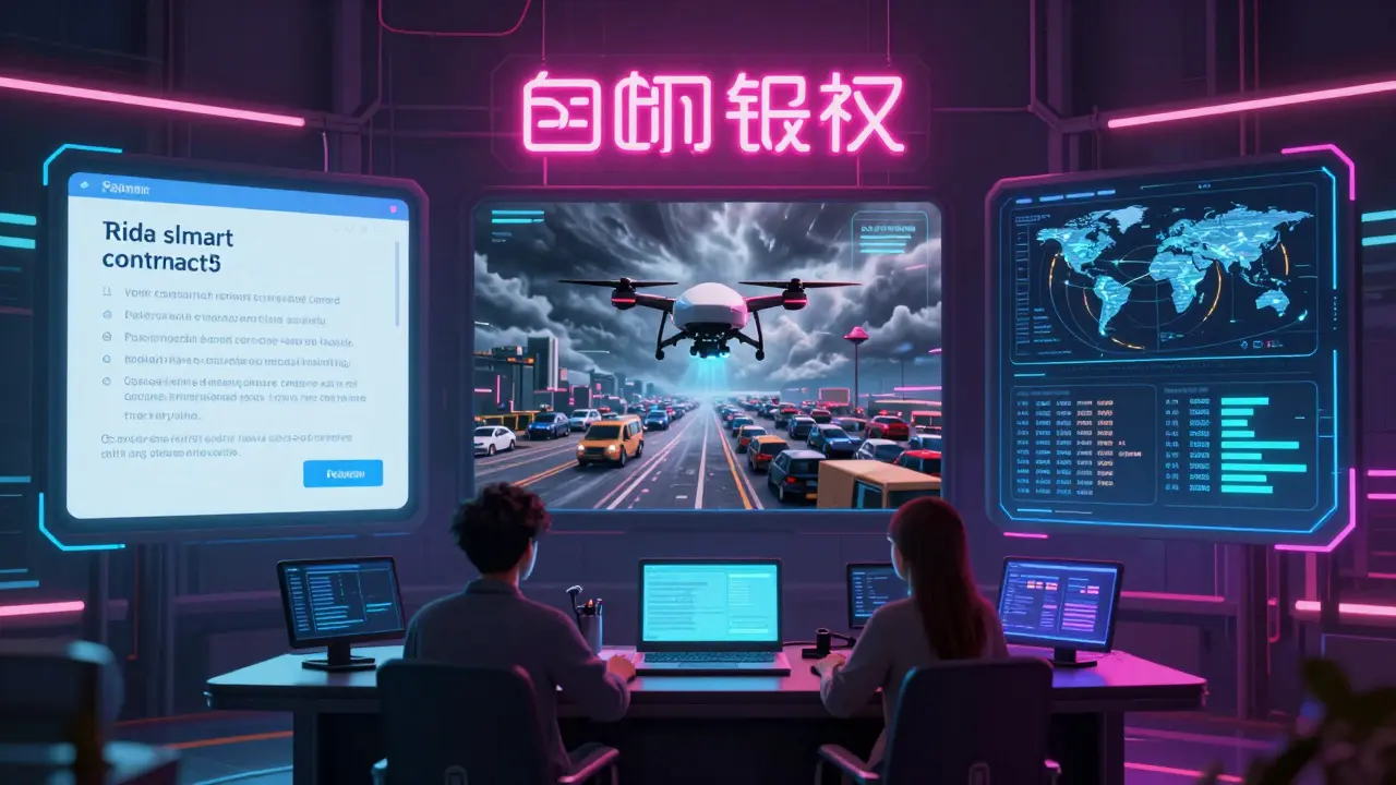 Comparison of traditional and AI-powered smart contracts with holographic data streams and cargo drones in a neon-lit control room.
