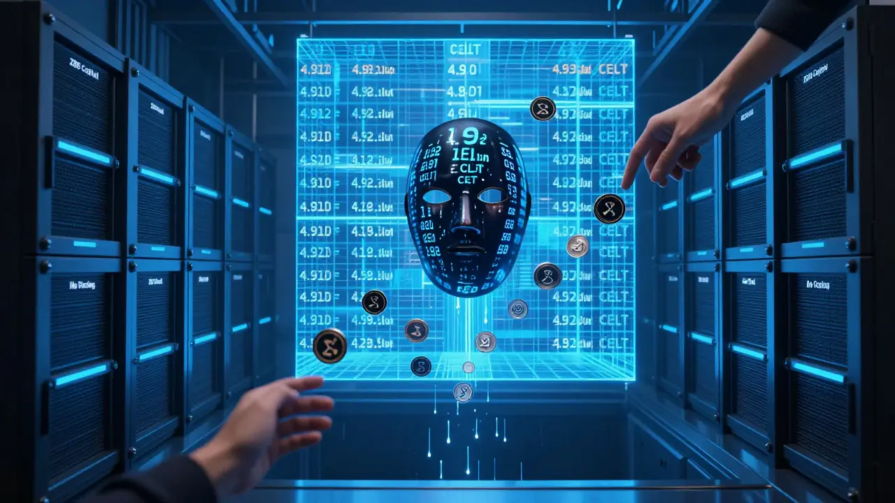 Corporate vault releasing billions of CELT tokens into a void as an investor watches silently.