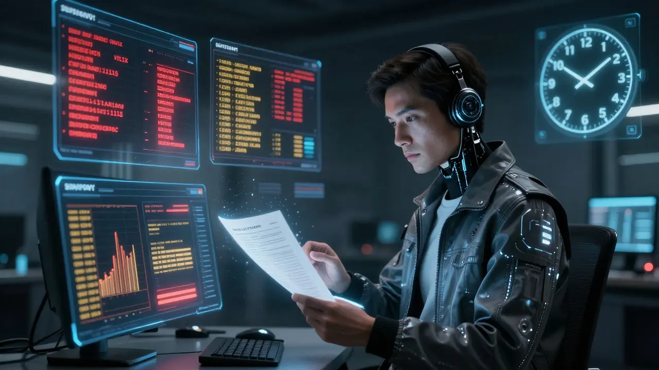 Cyberpunk compliance analyst reviewing real-time crypto audits with holographic alerts in a high-tech MFSA hub.