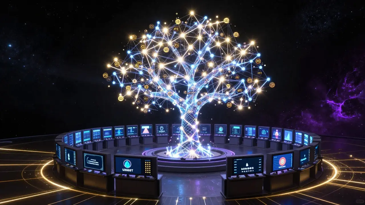 Digital voting chamber with XTZ tokens forming a living blockchain tree under a cosmic backdrop.