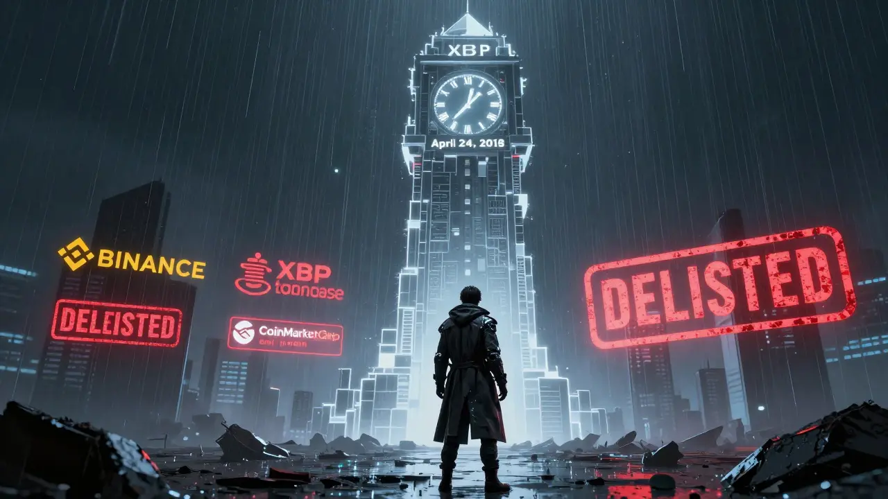Ghostly blockchain clocktower frozen at 2018 peak, with a lone figure staring at a <h2>Is BlitzPick (XBP) worth anything?</h2>.000037 price on a desolate digital wasteland.