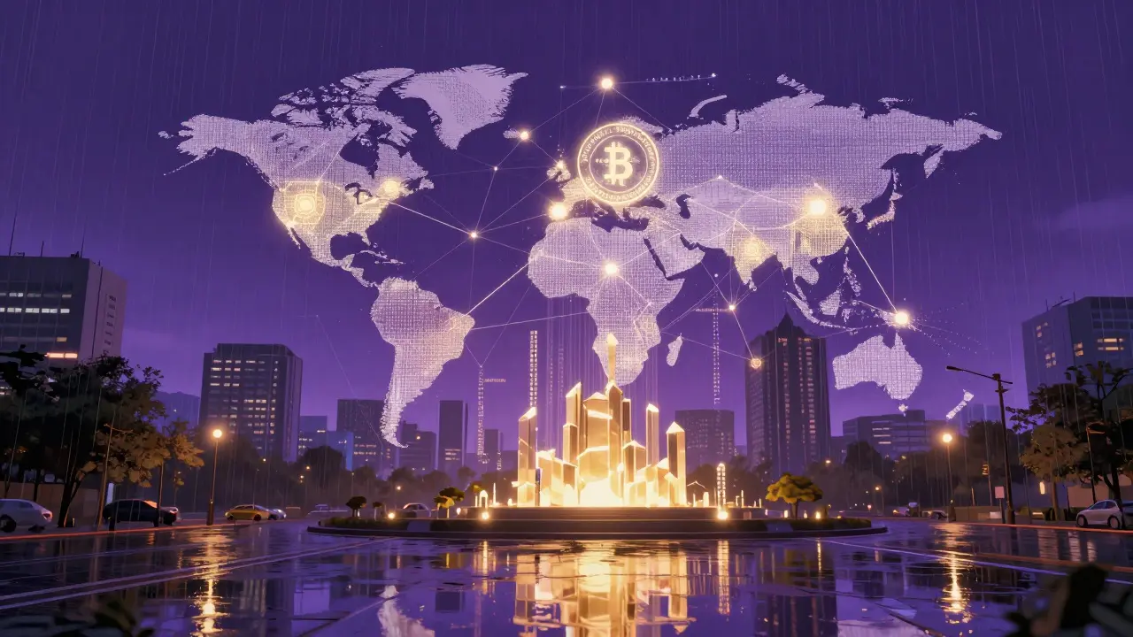 Global digital network connecting nodes above wet cyberpunk streets.